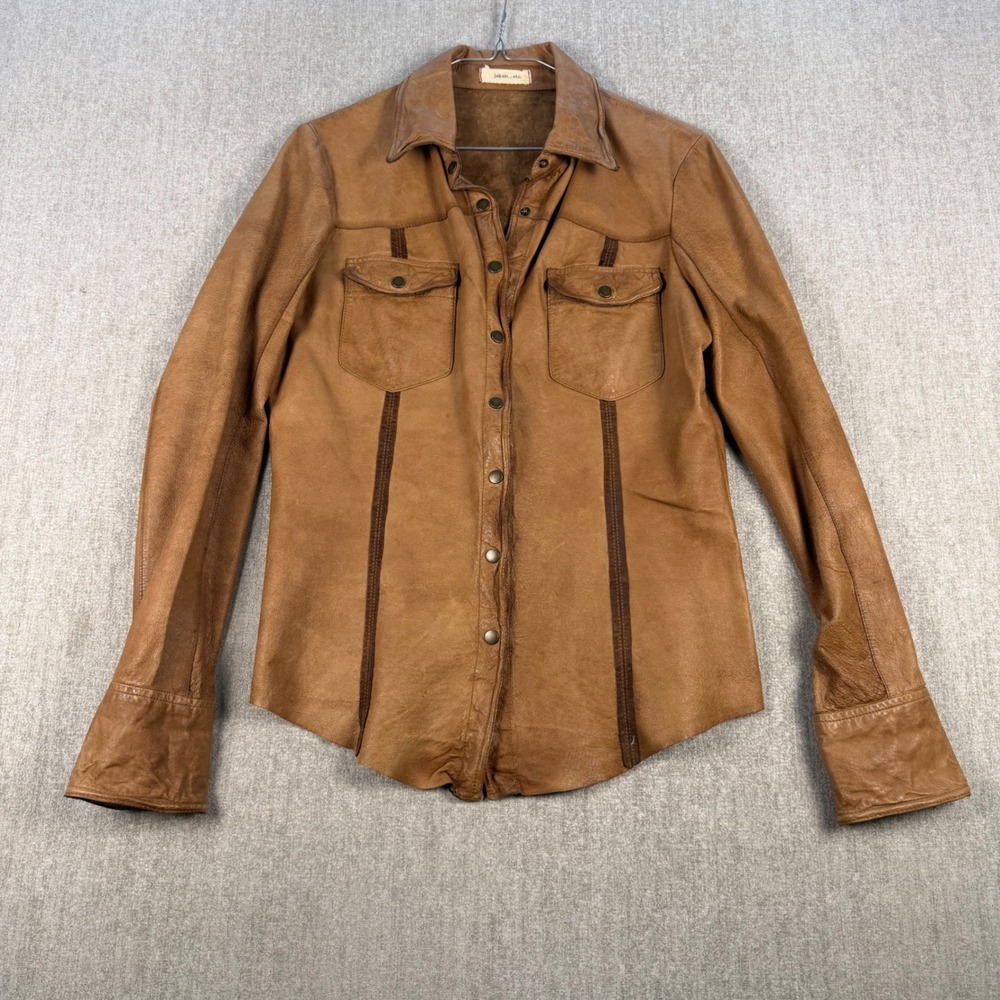 Jakett etc Leather Shirt Jacket Womens XS Brown Western Boho Snap Front